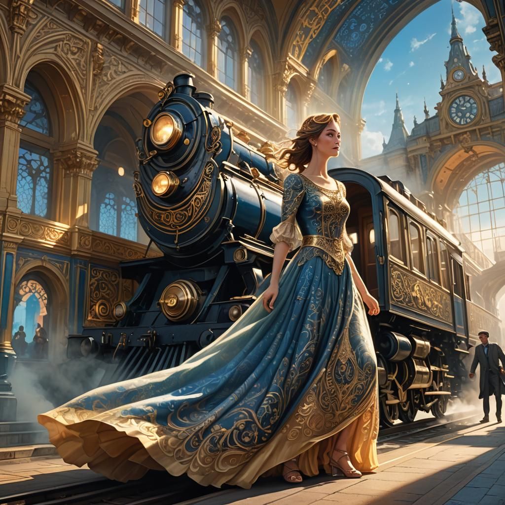 Mystical Train Station Reunion in Fantasy Art Style