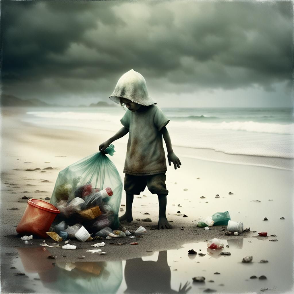 Hopeful Demon Child Cleans Beach: Pixar-esque