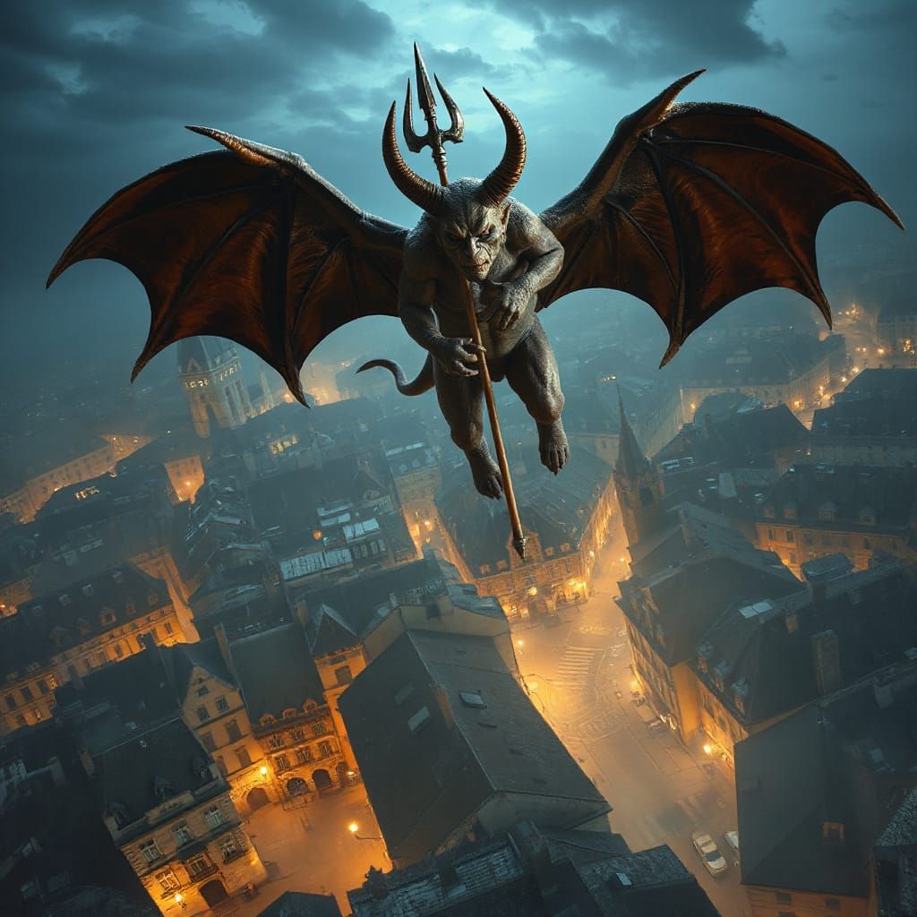 Flying Demon Over Historic European City at Night