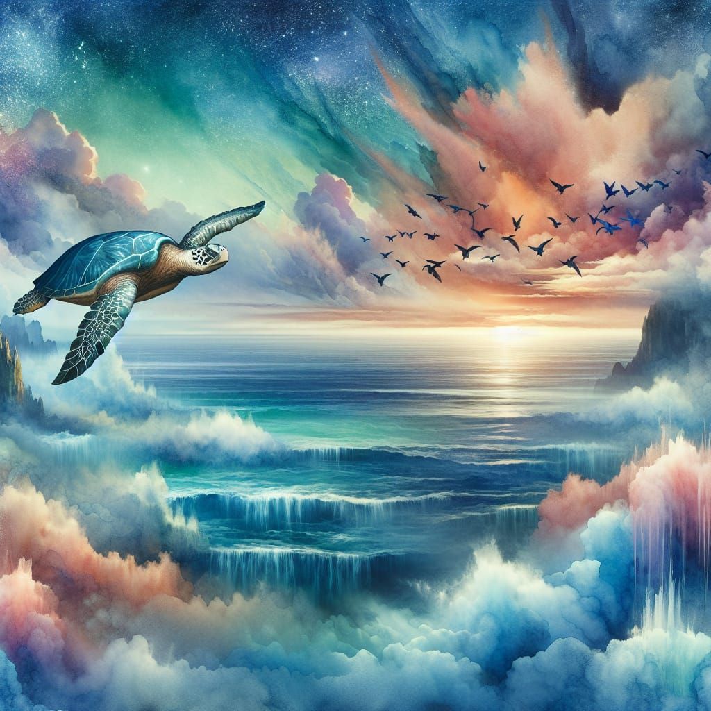 Majestic Sea Turtle Soaring in Romantic Landscape