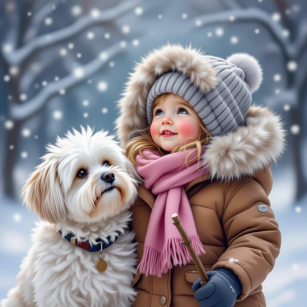 Child and Dog in Magical Winter Snowfall Painting