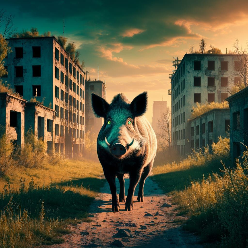 Radiant Chernobyl Boar in a Surreal Golden Landscape