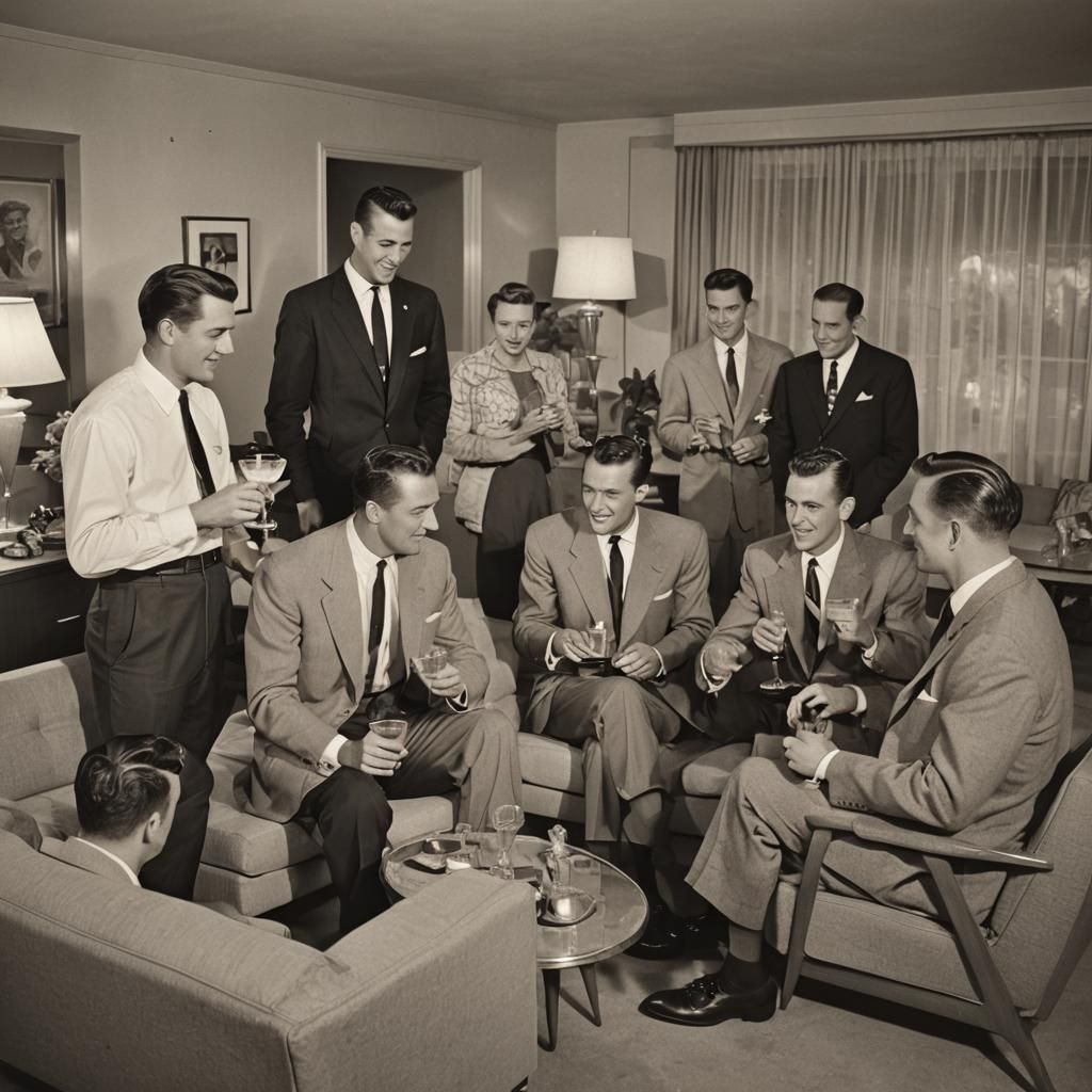 Cocktail Party with Handsome Men in Mid-Century Modern Style