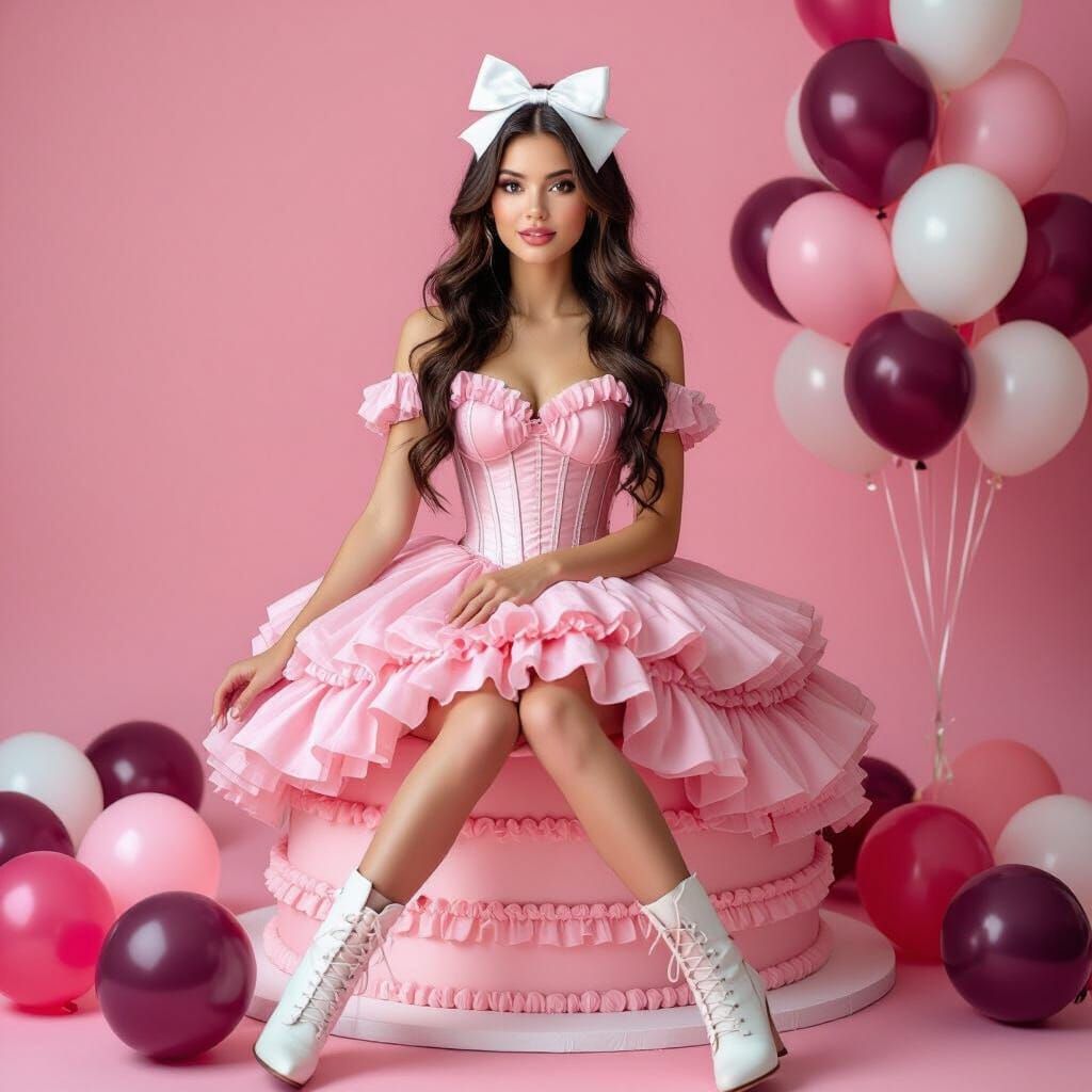 Studio Portrait of Woman in Pink Dress on Cake Prop with Bal...