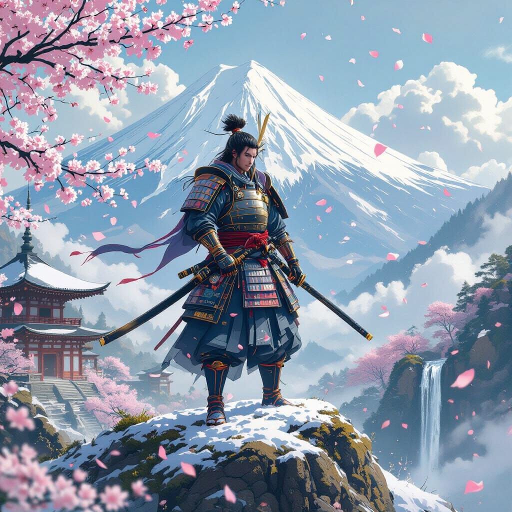 Samurai Warrior on Snow Mountain, Digital Painting