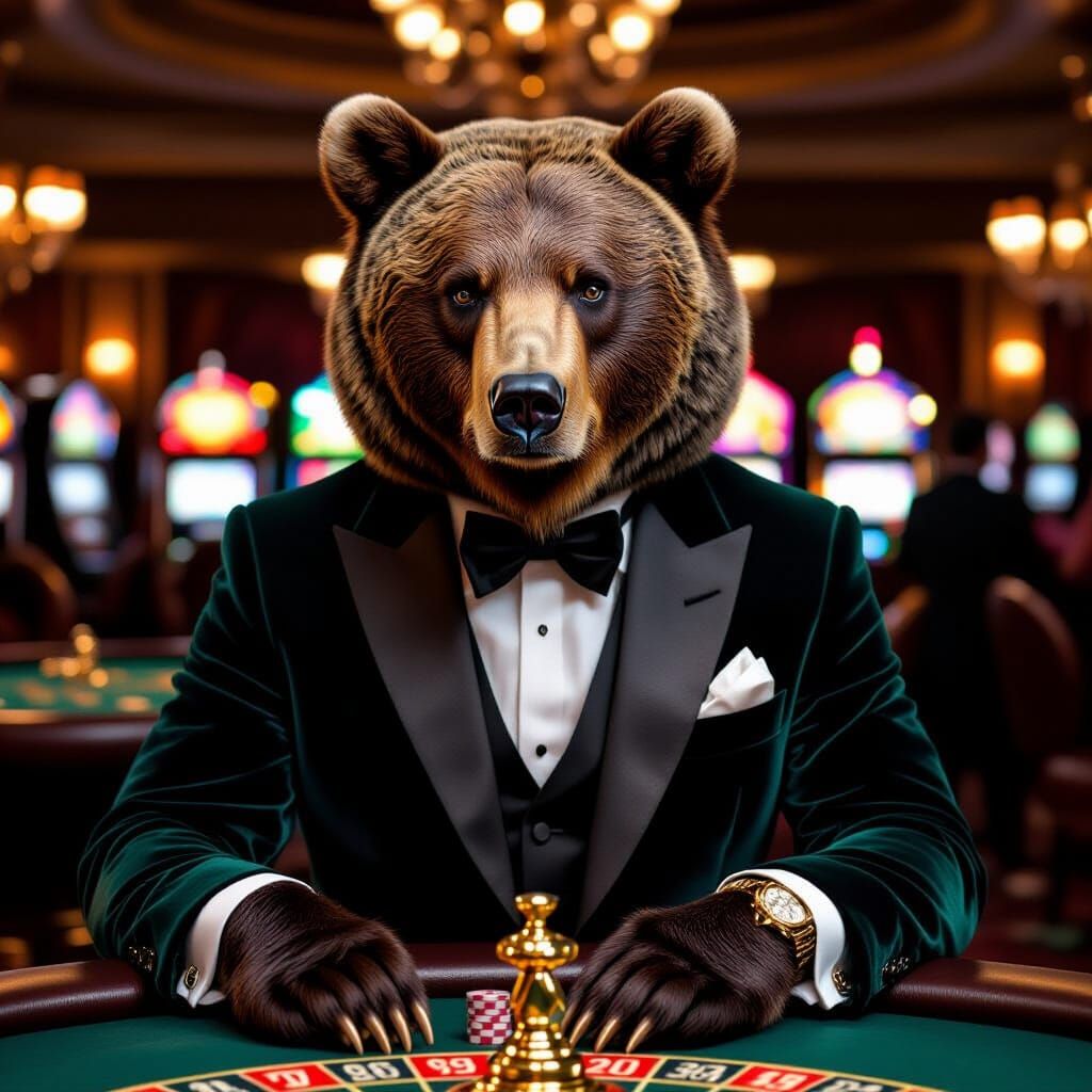 Bear in Velvet Suit at Vegas Roulette Table