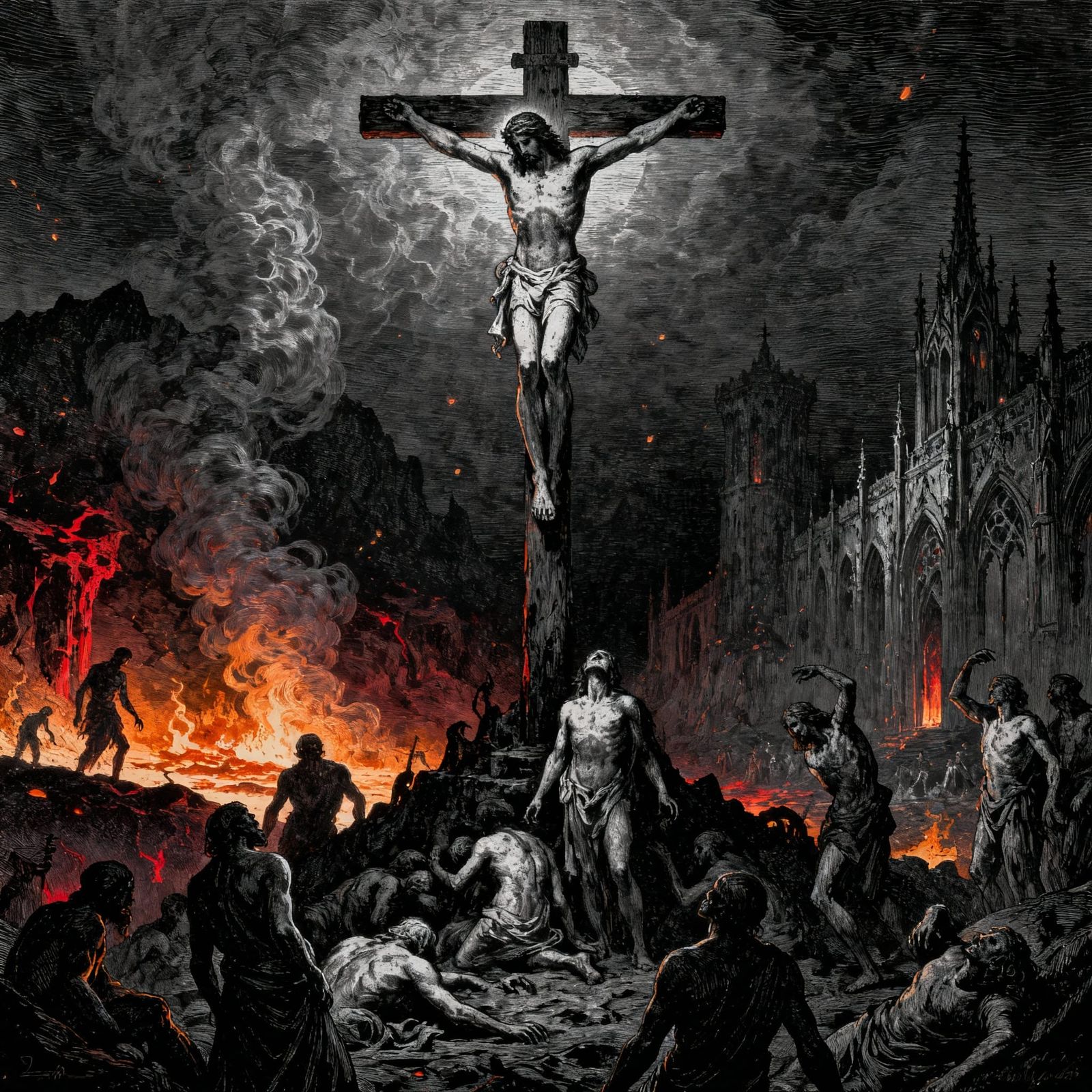 Hellish Crucifixion Scene in Dramatic Engraving Style