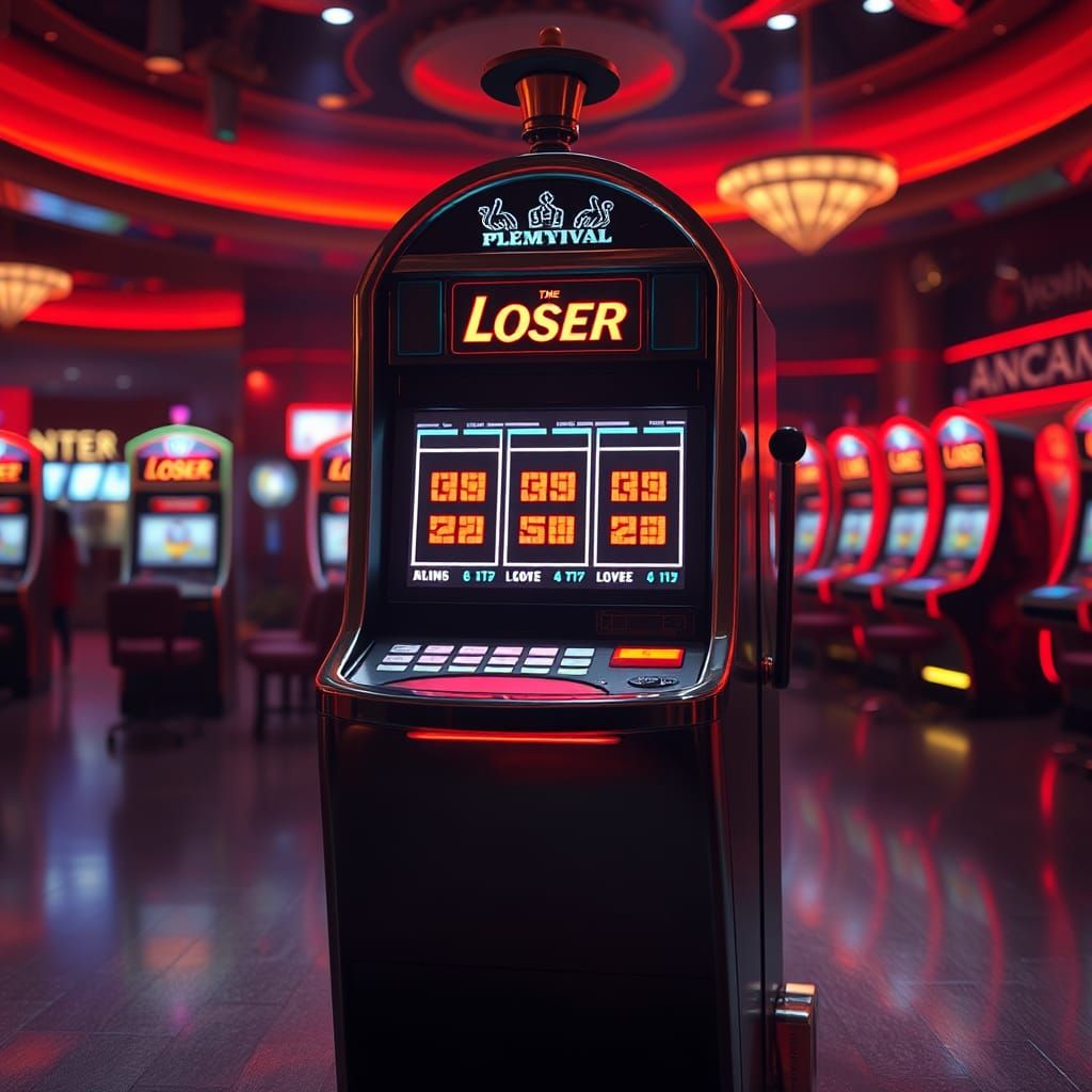 Hyperrealistic Slot Machine Displaying Loser Hand Signals