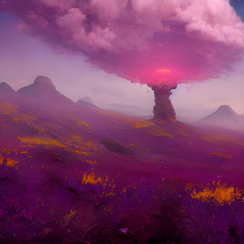 Pink Flowers Under Purple Sky: Dark Fantasy Concept Art