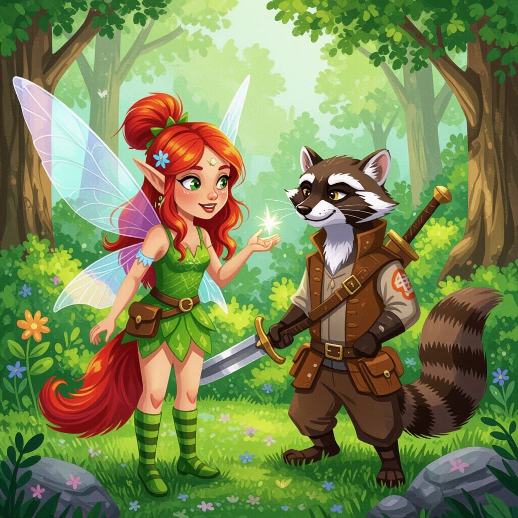 Friendly Fairy Meets Weasel Thug in Gouache Painting