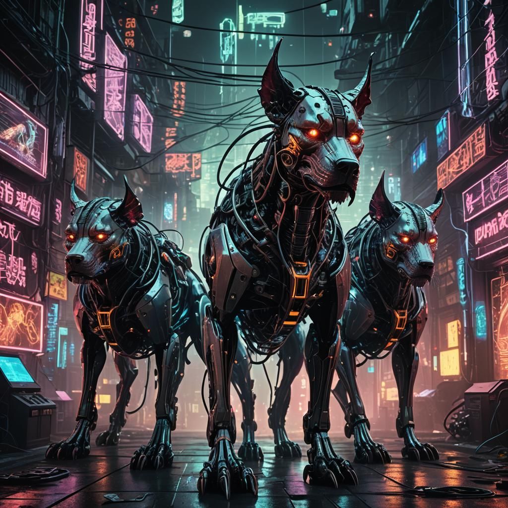Cyberpunk Cerberus in Dystopian Cityscape