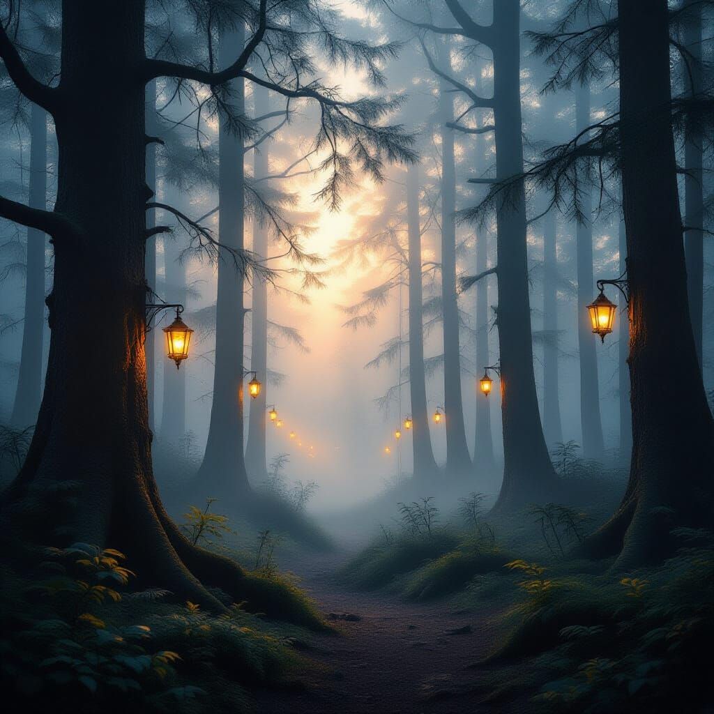 Mysterious Foggy Forest Landscape with Lanterns