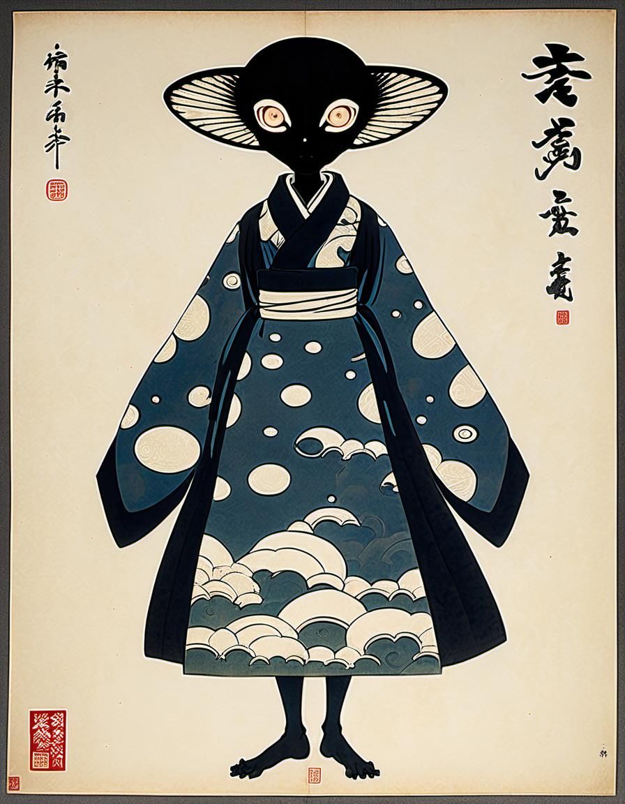 Alien Girl Silhouette in Ukiyo-e Style