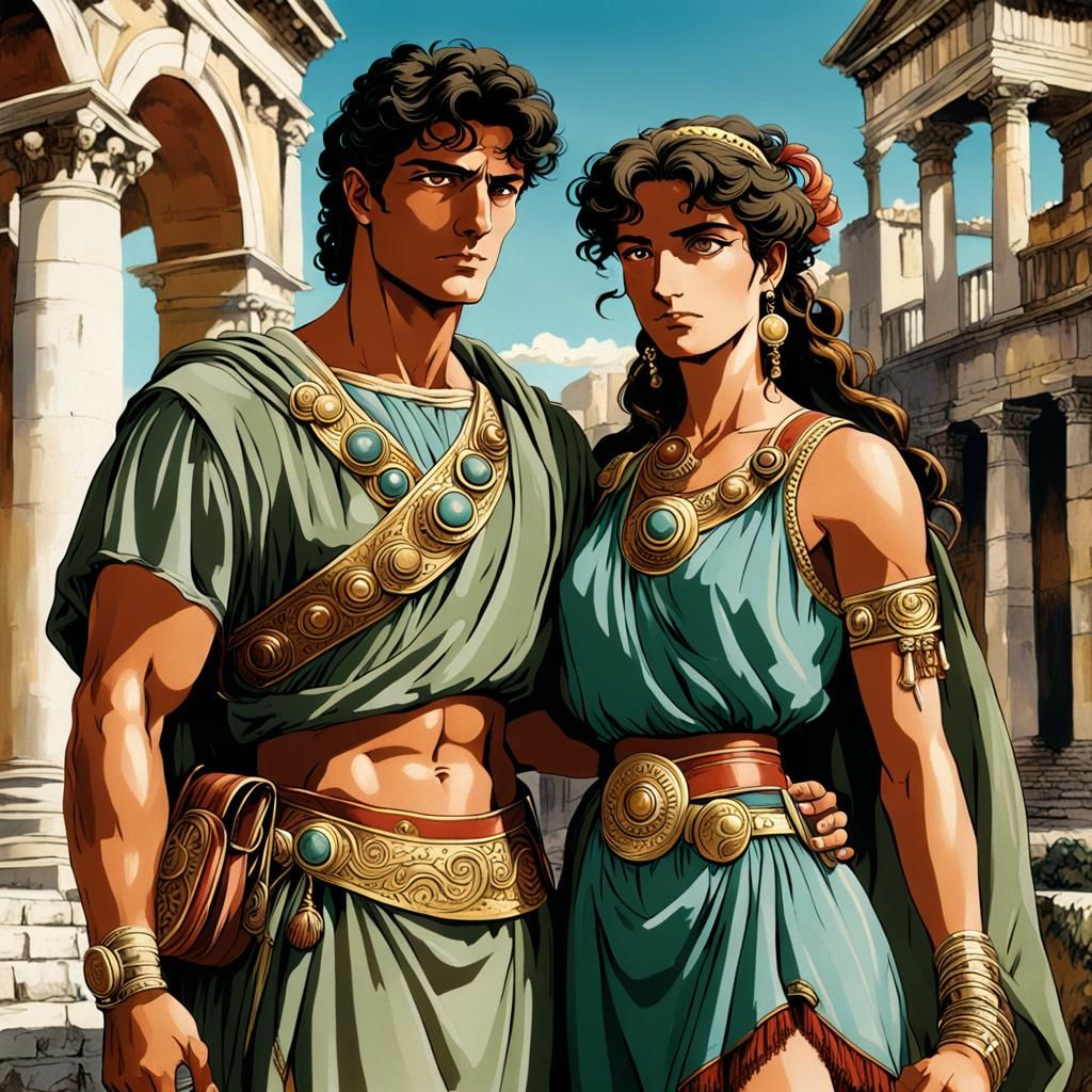 Attractive Italian Couple in 80s Vaporwave Anime Style
