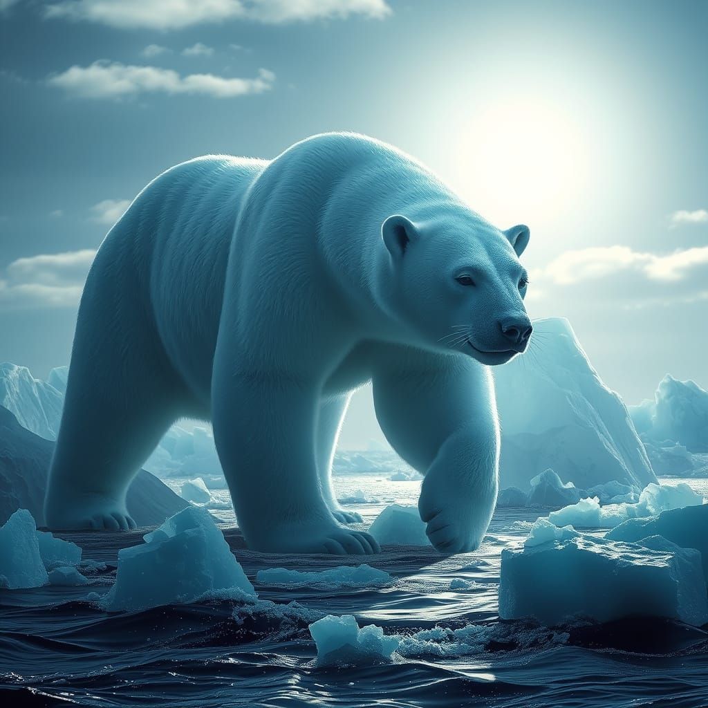 Solitary Polar Bear on Melting Iceberg, Photorealistic Style