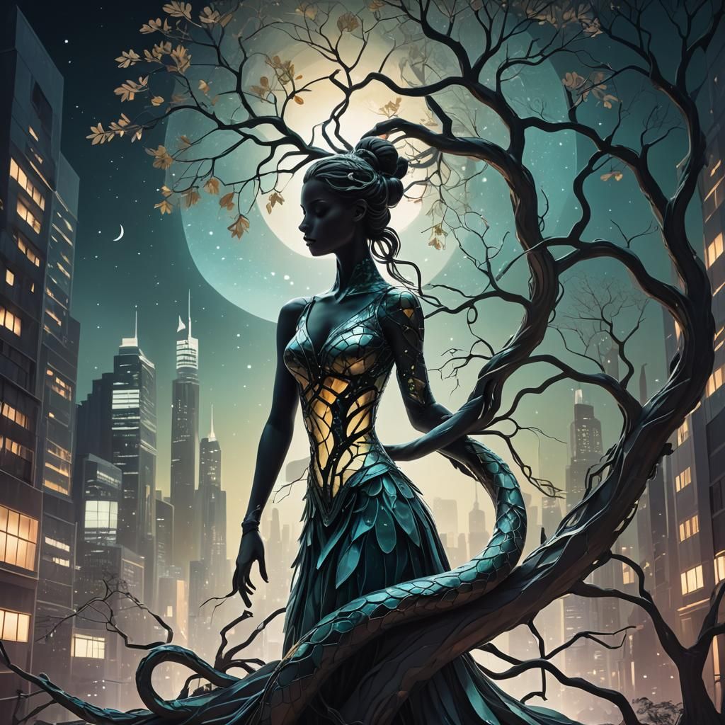 Glass Snake Silhouette in Futuristic City