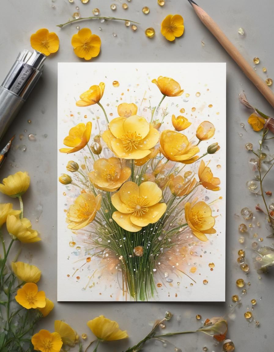 Glamorous Card with Buttercups in Watercolor Style