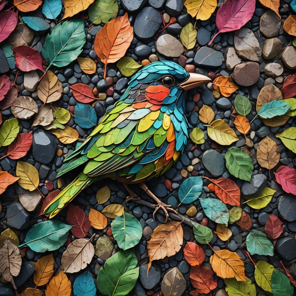 Urban Surreal Bird of Leaves and Stone
