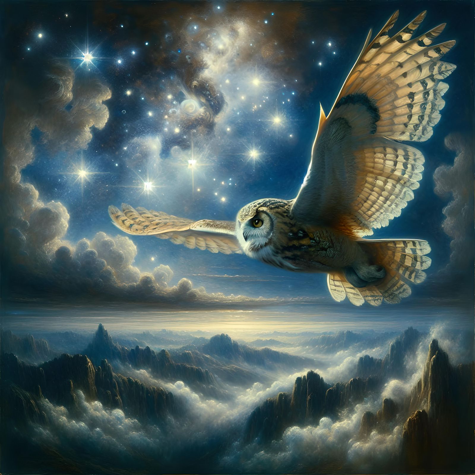 Owl Soaring at Night Under Diamond Stars in Romanticism Styl...