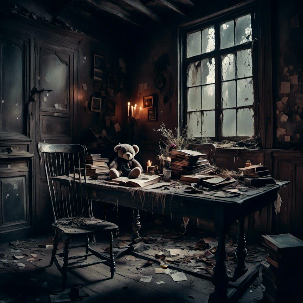 Sad Abandoned House with Books and Teddy Bear