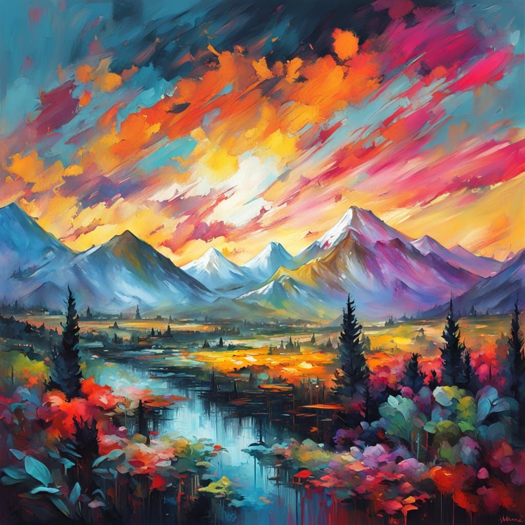 Epic Impressionist Mountain Sunrise Landscape Painting