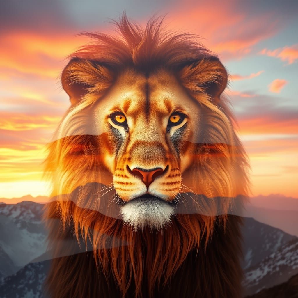 Majestic Lion Blends with Sunset Mountains in Double Exposur...