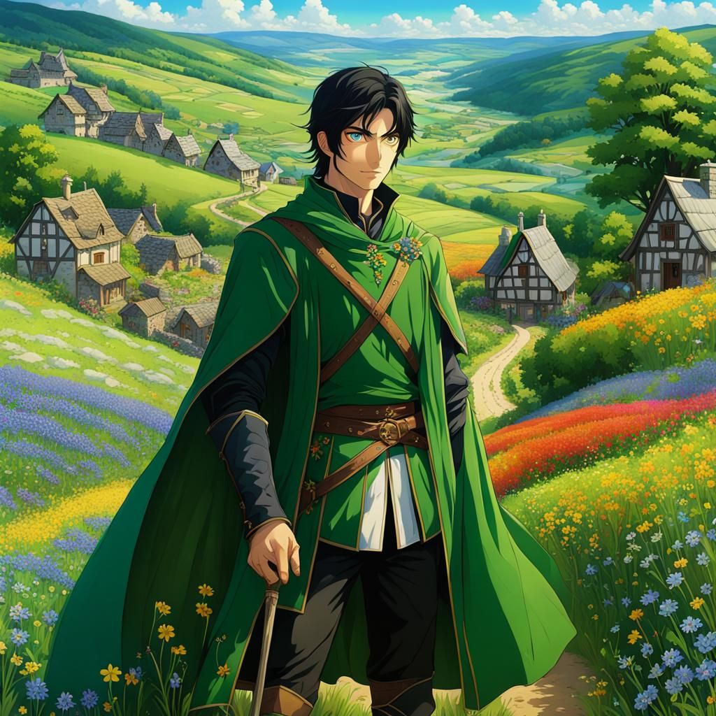 Anime Man at Crossroads in Medieval Countryside