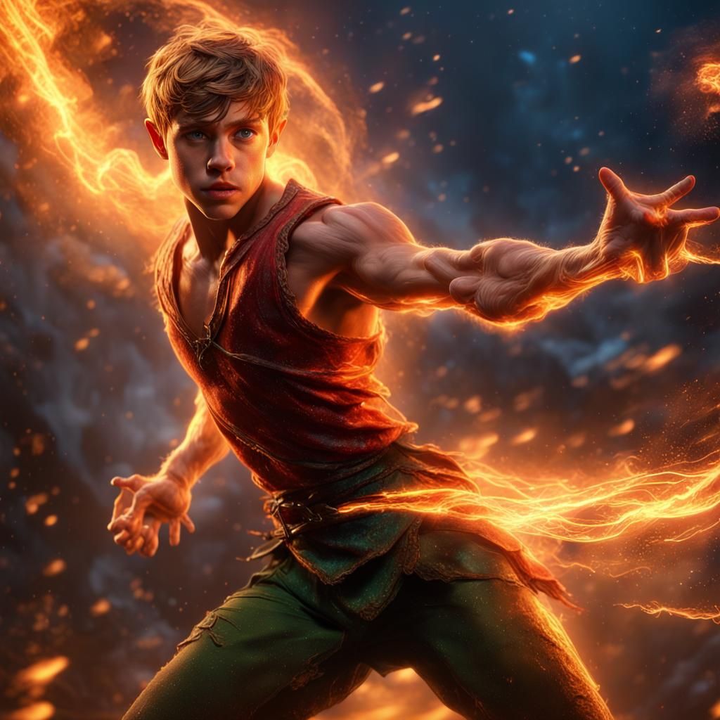 Muscular Peter Pan Surrounded by Fire Streaks