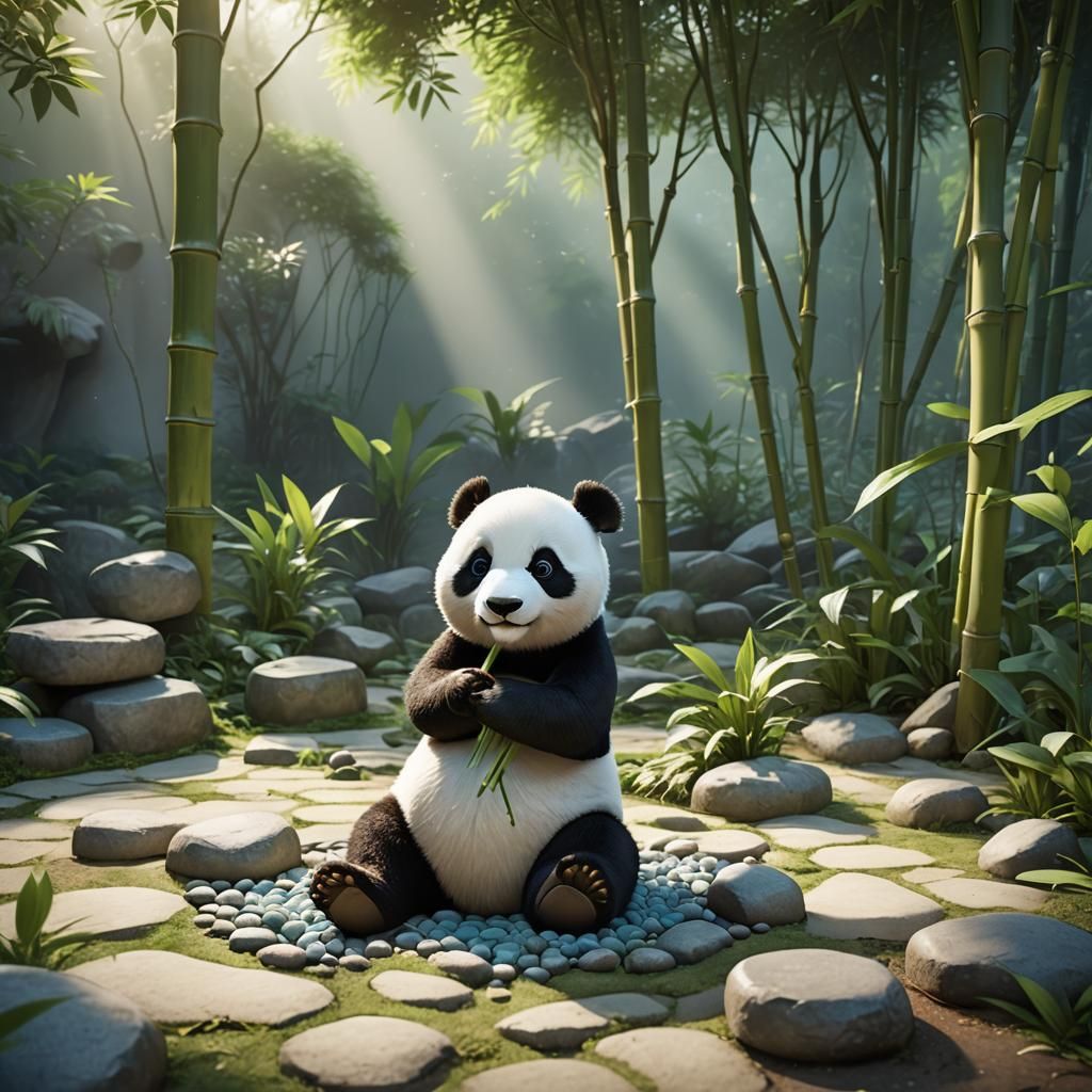 Baby Panda in Zen Garden: Pixar-Inspired Digital Art