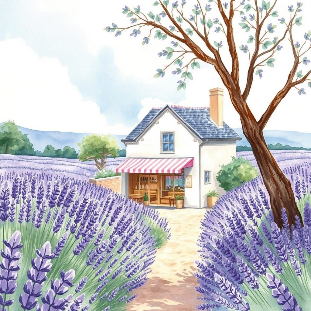 Provence Bakery in Lavender Field: Watercolor Painting