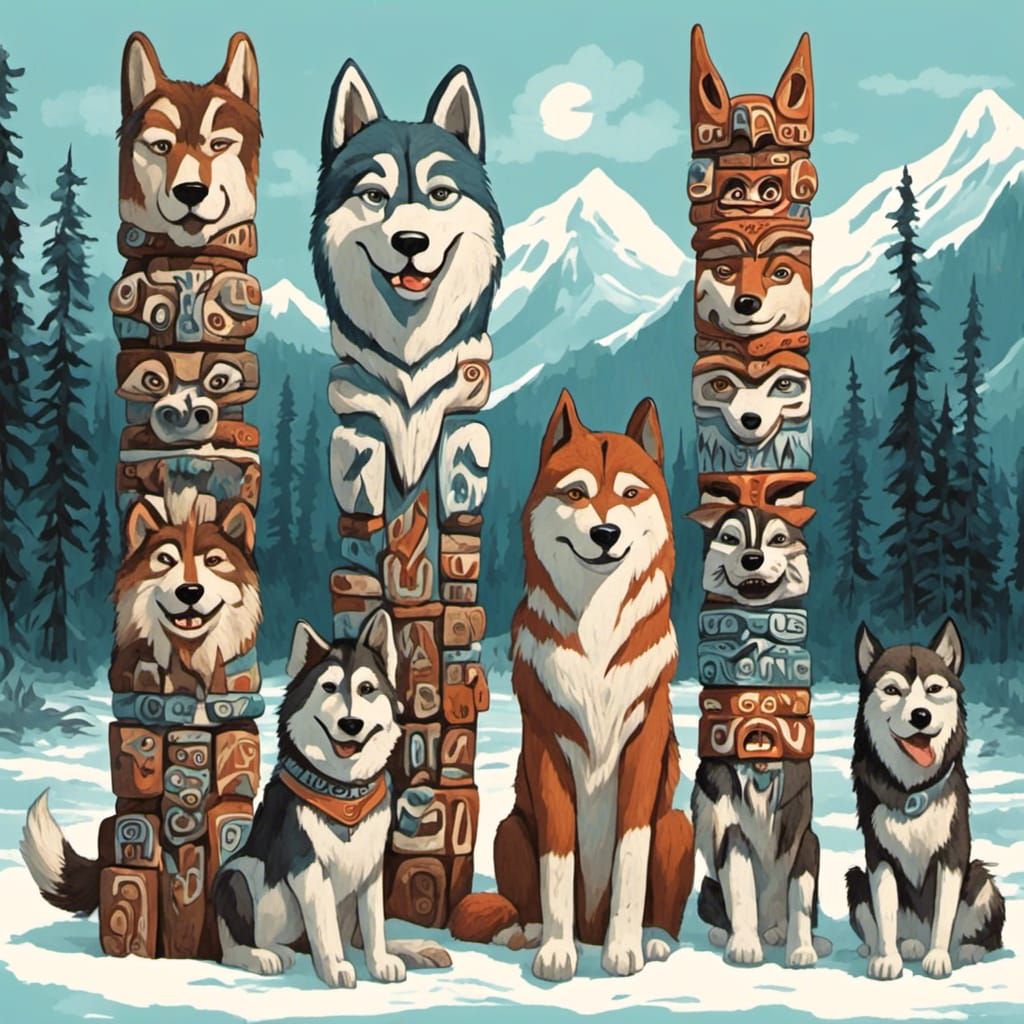 Totem Pole Featuring Alaskan Malamutes and Huskies