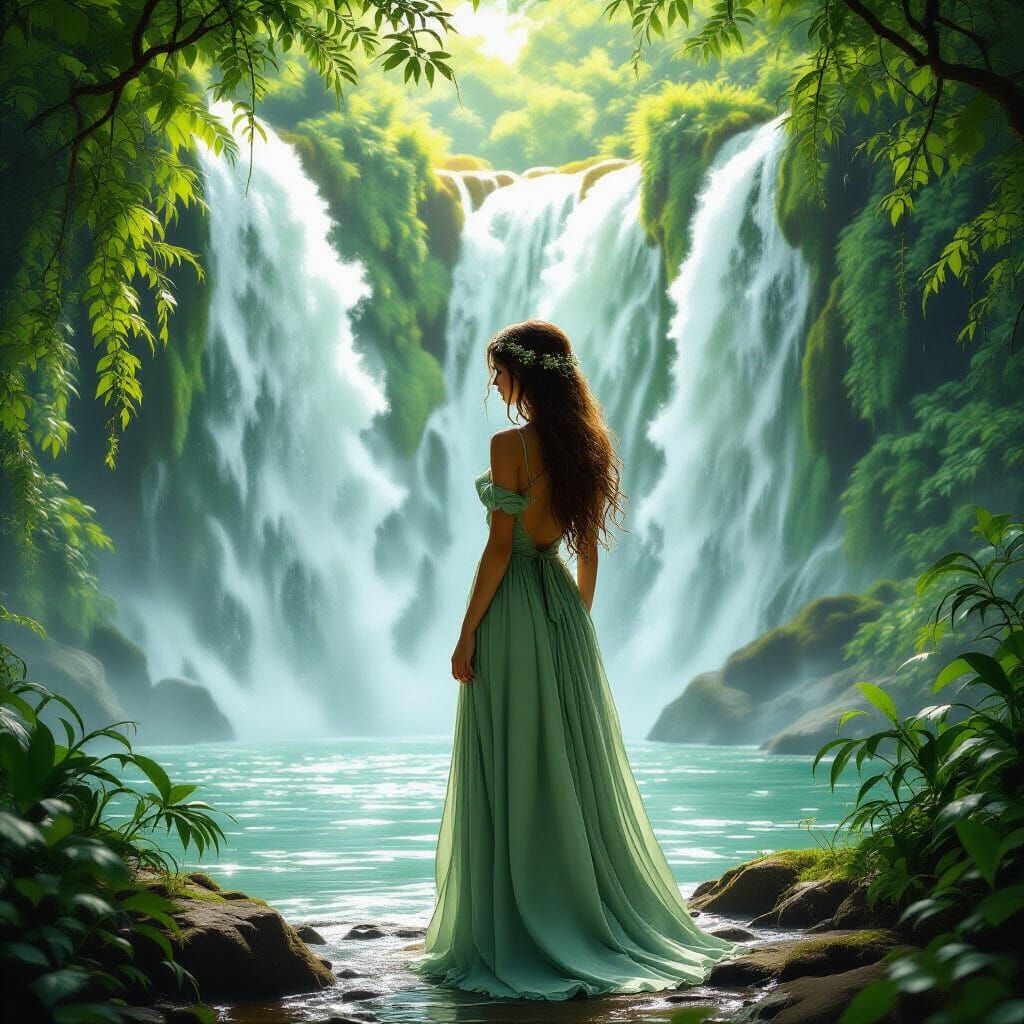Woman in Sage Green Dress Before Majestic Waterfall
