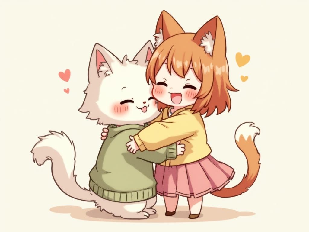 Charming Anime Cat-Boy Embraces Anime Girl in Pastel Colors