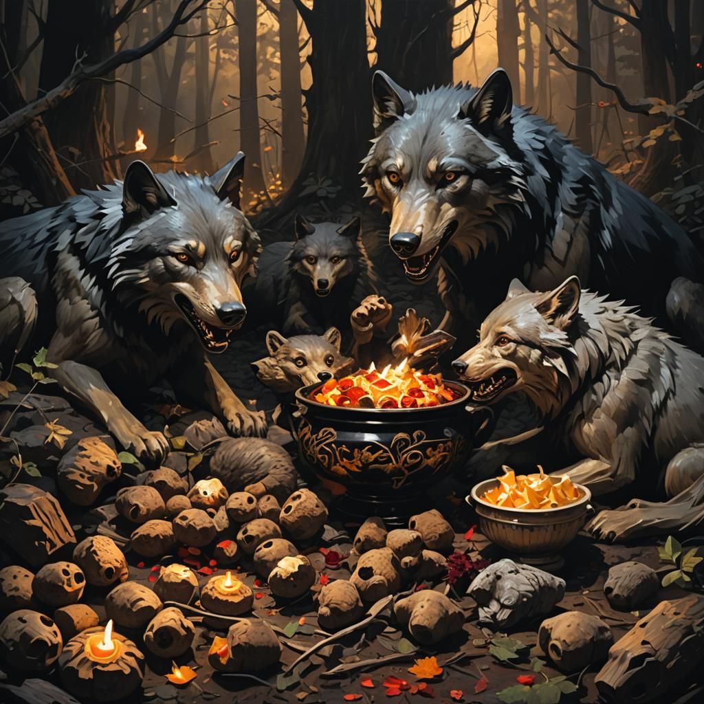 Wolves Devouring Teddy Bears in Dark Fantasy Art