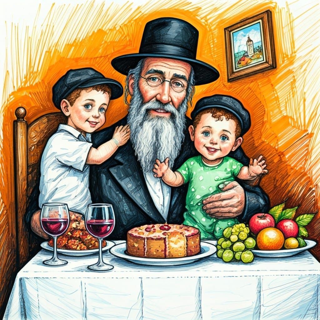 Whimsical Ultra-Orthodox Family Celebration in Vibrant Color...