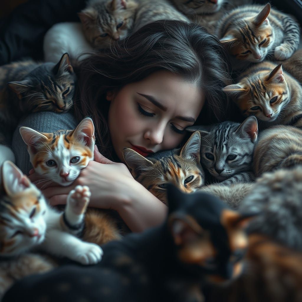 Cats Surround a Woman in a Cozy, Hyperrealistic Scene