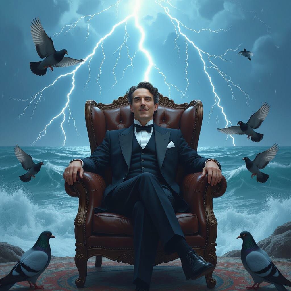 Fantasy Portrait: Nikola Tesla with Pigeons in Storm