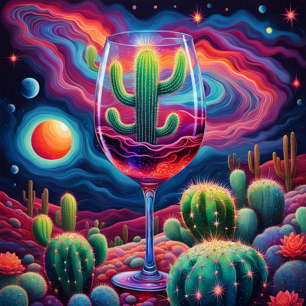 Astral Cactus Holding Wine in Mixed Media Style
