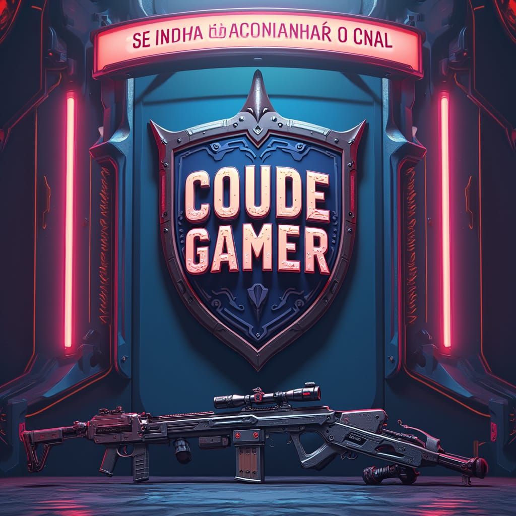 Futuristic Arena with COUDE GAMER Shield and Cyberpunk Weapo...