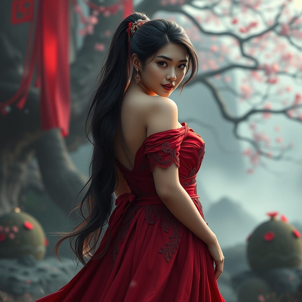 Stunning Woman in Red Gown, Matte Painting Style
