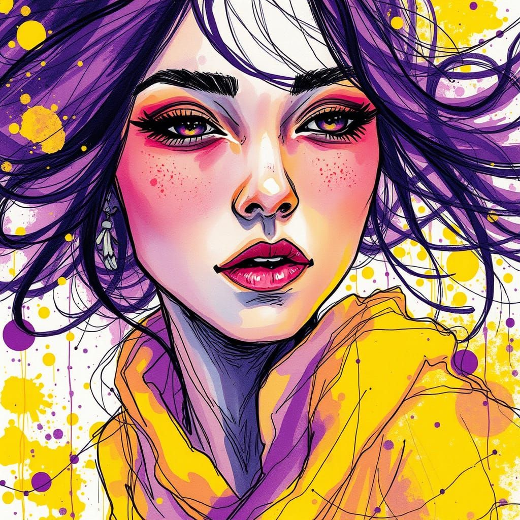 Abstract Woman Portrait in Purple and Yellow Hues