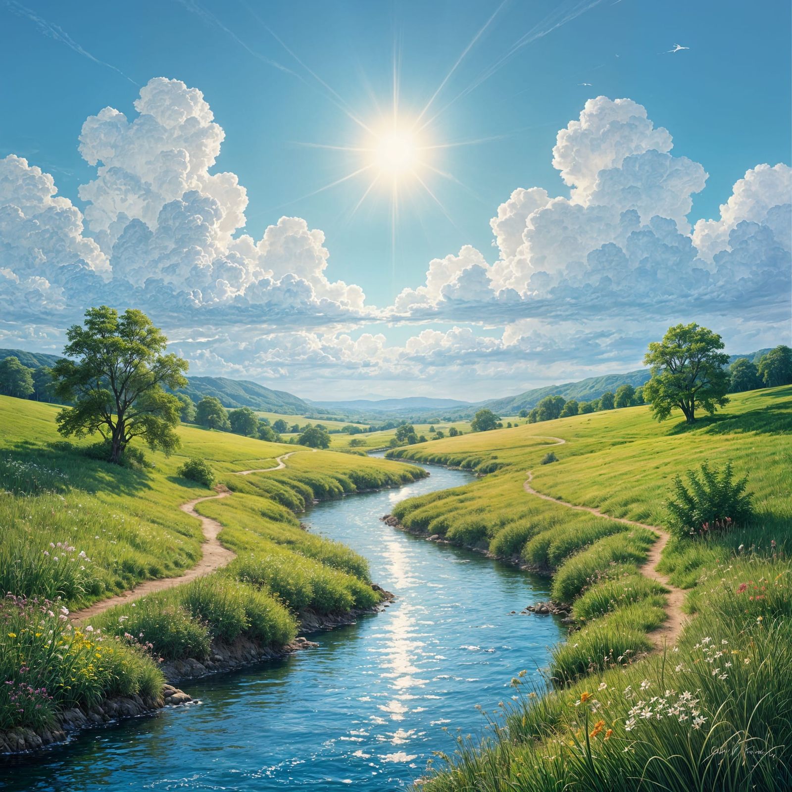 Serene River Valley Oil Painting in 8k