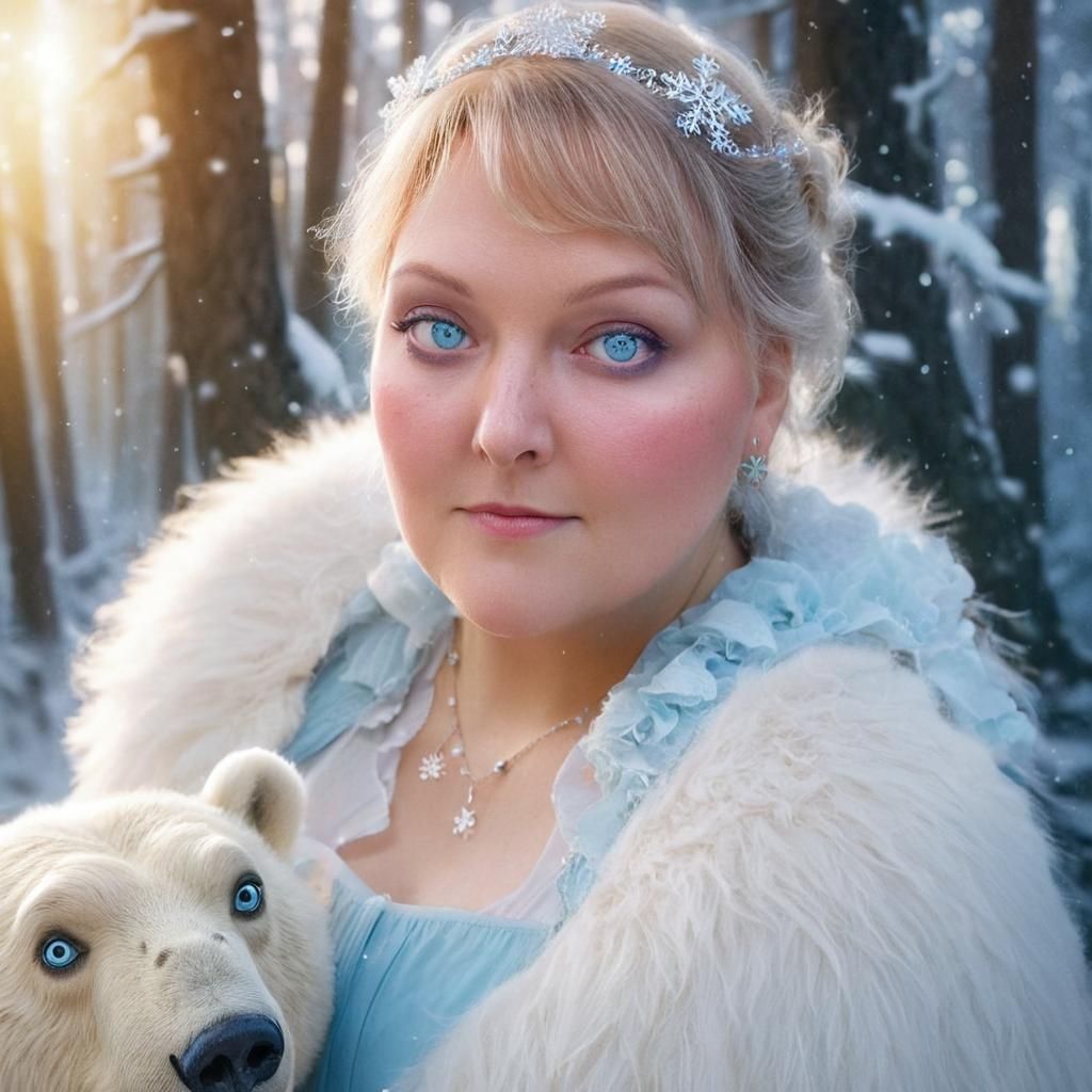 Elegant Winter Princess in Snowy Forest with Polar Bear Comp...