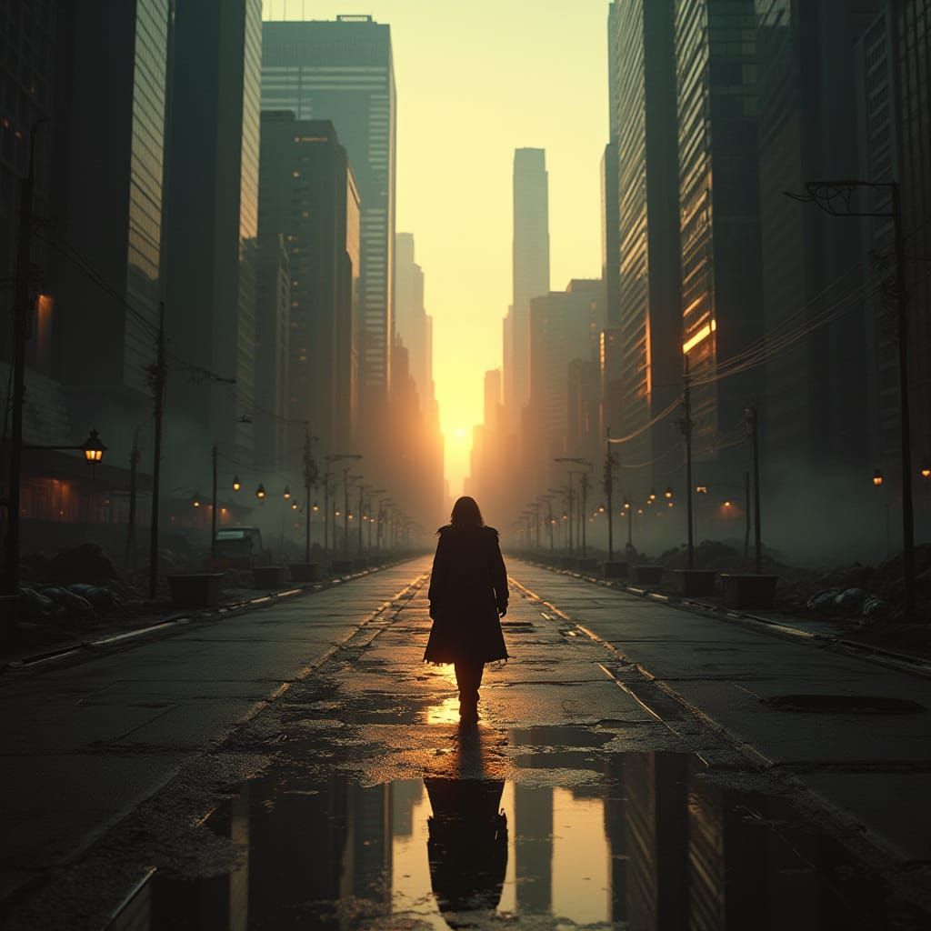 Gritty Dystopian Cityscape at Sunset