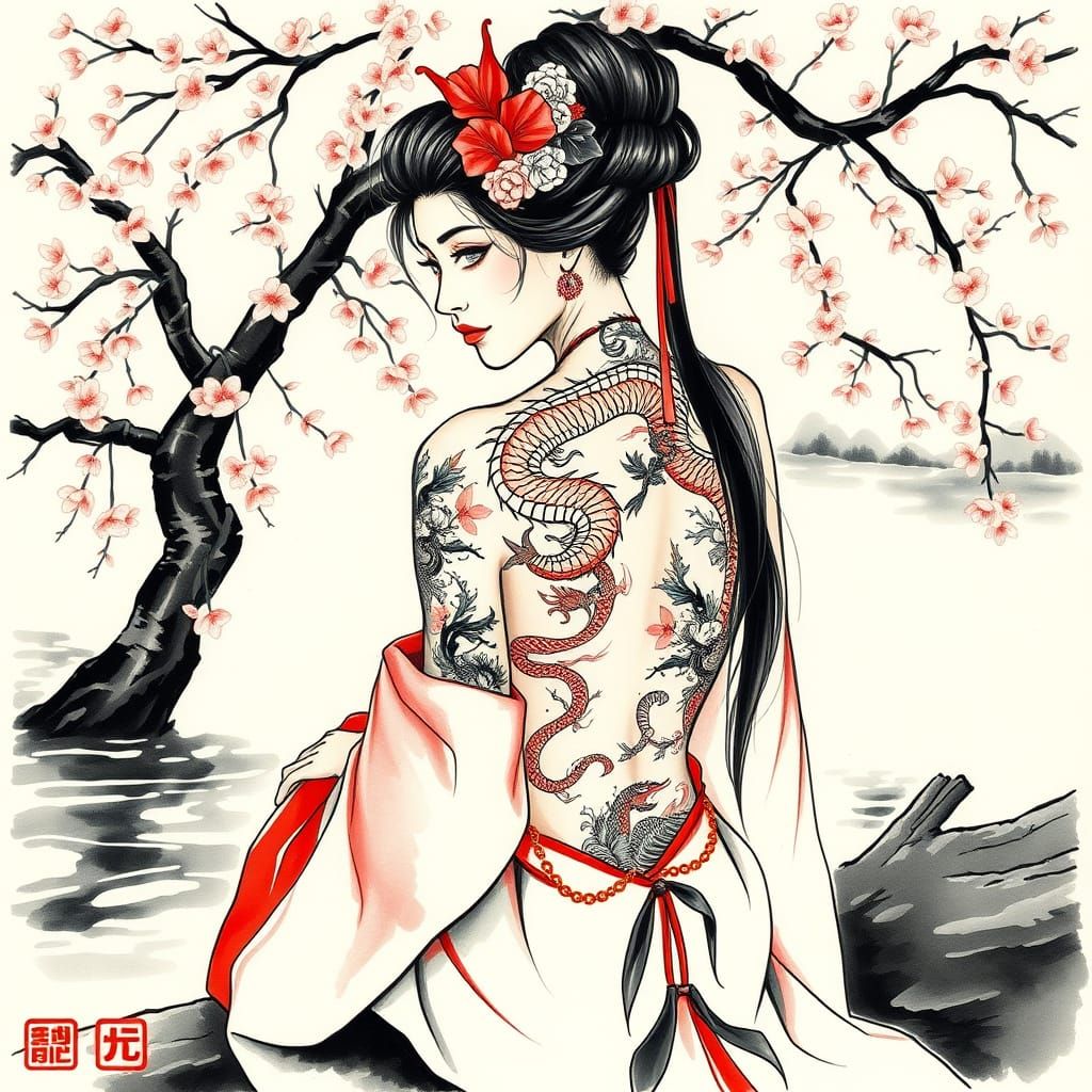 Classic Japanese Geisha Woman with Dragon Tattoo Under Cherr...