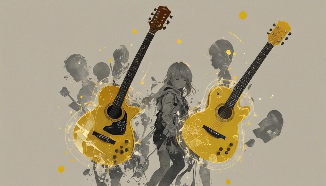 Double Exposure: Cute Baby and Yellow Guitar, Anime Style
