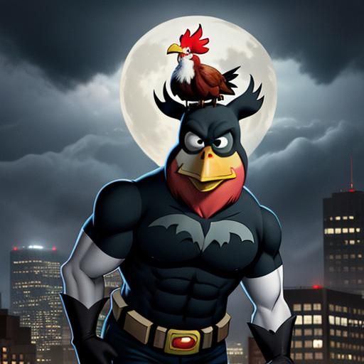 Cartoon Rooster Batman Flies Through Stormy City
