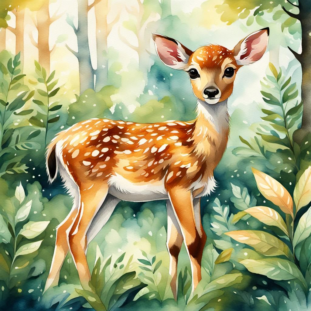 Dreamy Watercolor Fawn in Forest Sunlight
