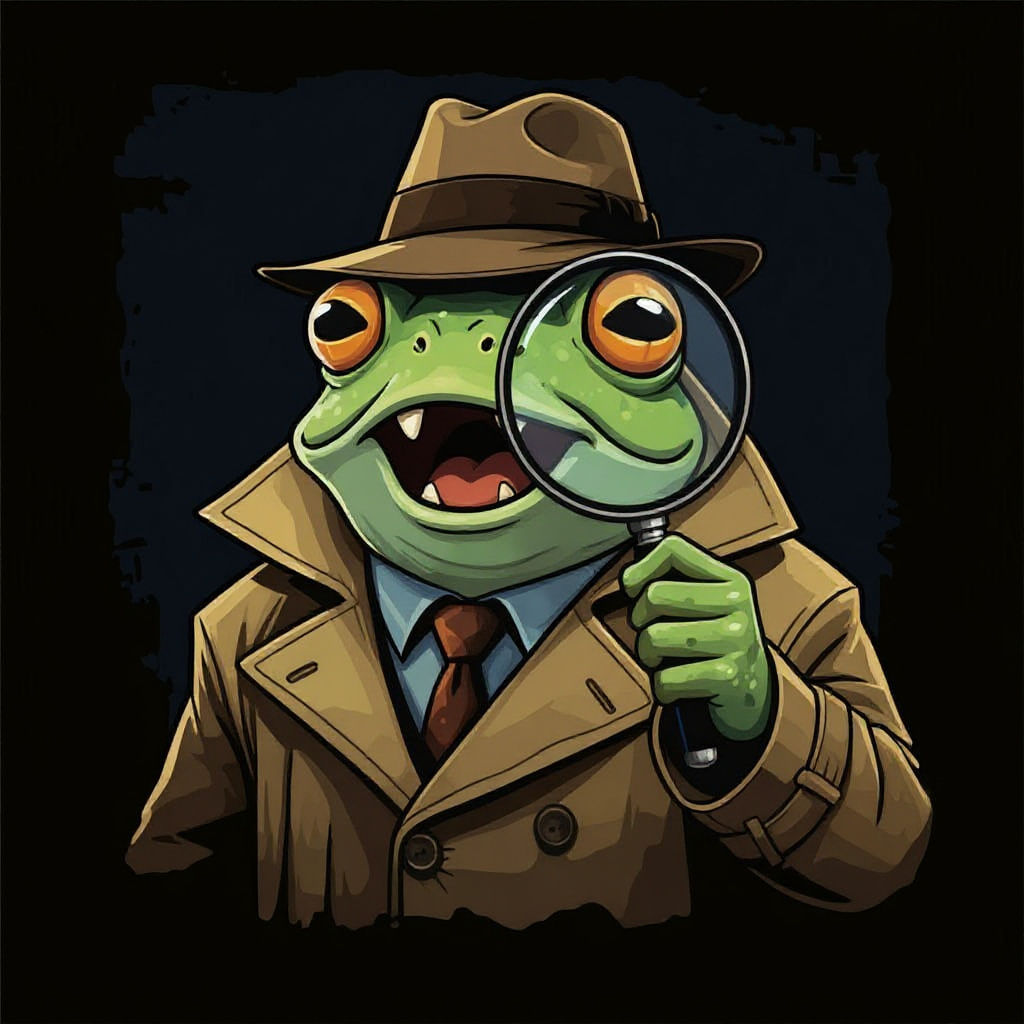 Surprised Frog Detective Investigates with Magnifying Glass