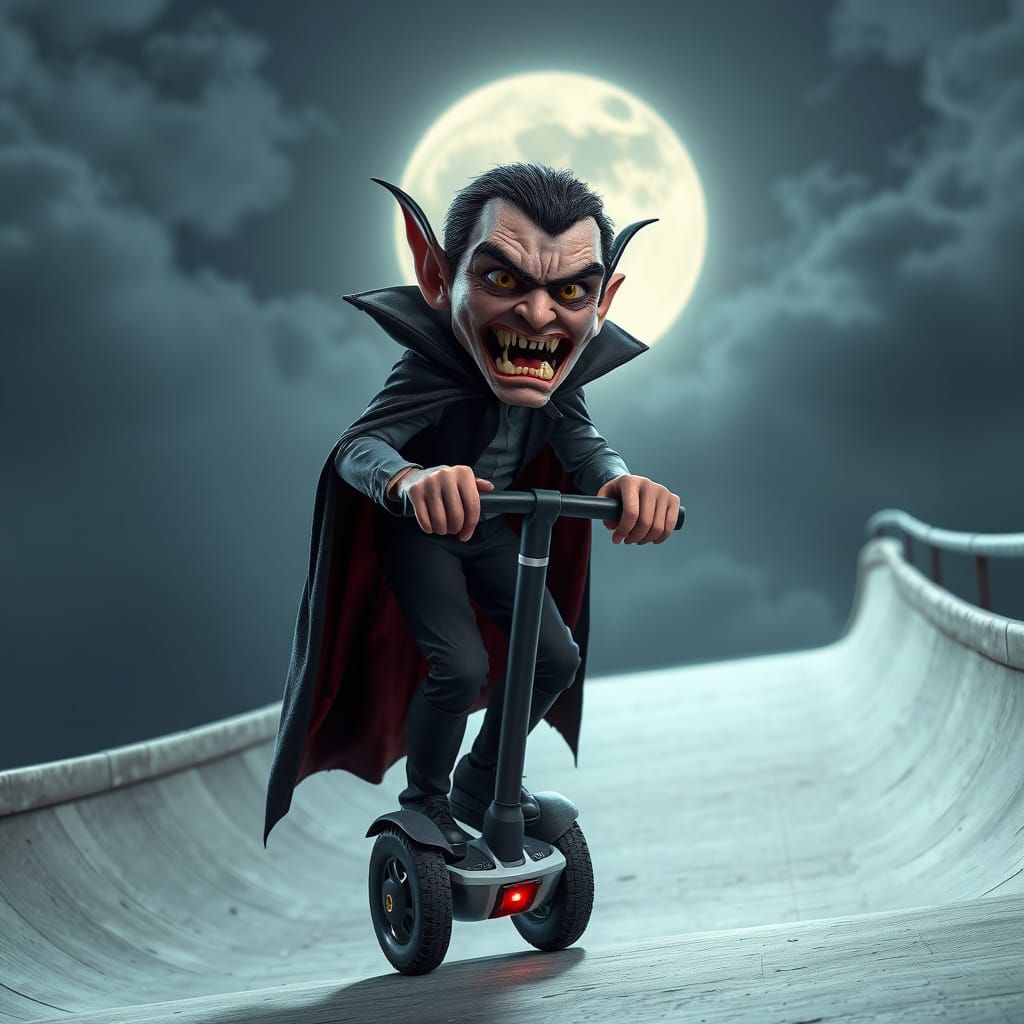 Vampire Riding Segway in Skatepark